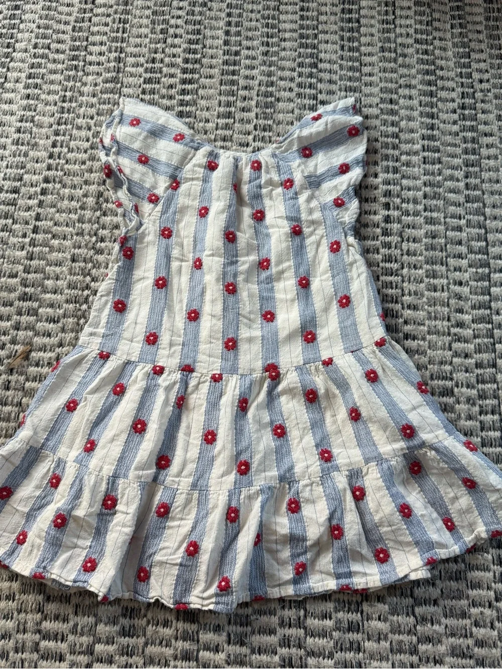 Zara White and Blue Striped Dress with Red Floral Embroidery Sz 6